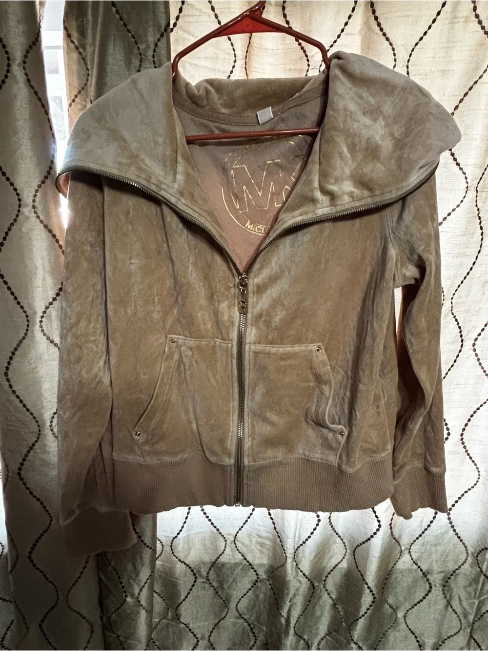 Michael Kors Taupe Velour Zip Hoodie Jacket